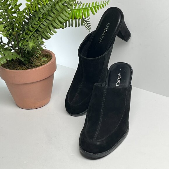 Aerosoles Black Suede Y2K Block Heel Mules Size 8 Slip On Retro 90s Minimalist - Picture 8 of 10